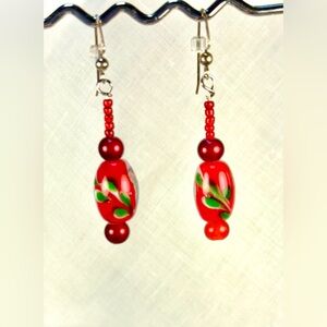 Earrings Pierced Handcrafted Women Unique Design Red Glass Beads - Green Infused